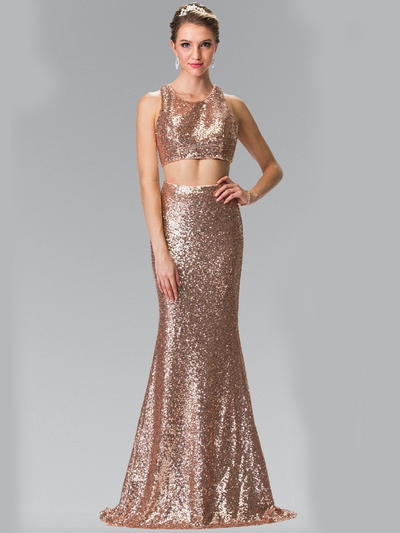 50-2333 Mock Two-Piece Sequin Long Prom Dress - Rose Gold, Front View Medium