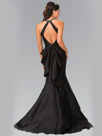 50-2353 High Neck Mermaid Long Prom Dress - Black, Back View Medium