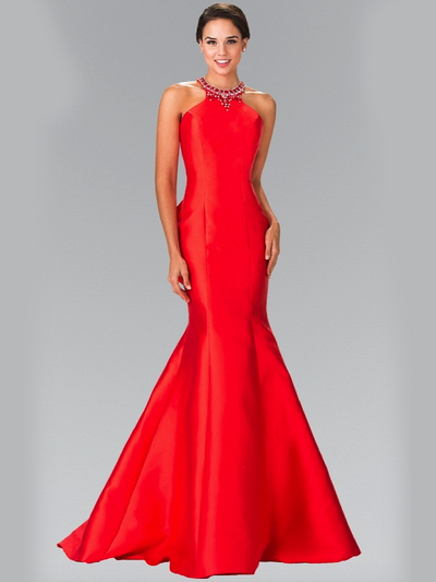 50-2353 High Neck Mermaid Long Prom Dress - Red, Front View Medium