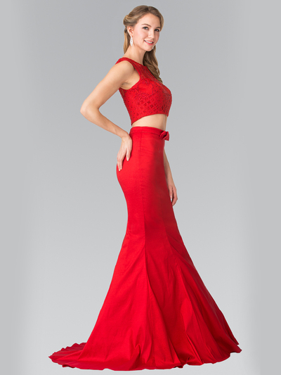 50-2354 Two Piece Taffeta Long Prom Dress - Red, Front View Medium
