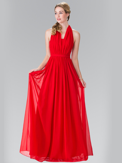 50-2362 Halter Chiffon Evening Dress with Open Back - Red, Front View Medium