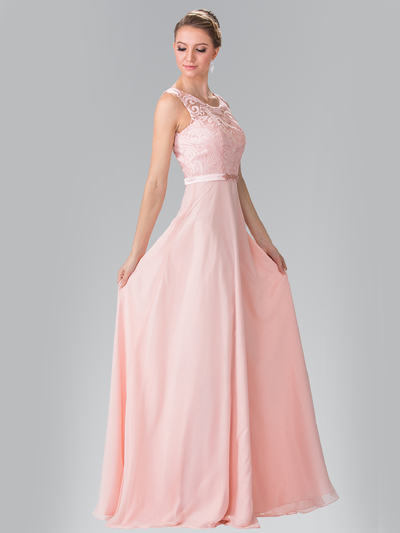 50-2364 Embroidery Top Chiffon Long Evening Dress - Blush, Front View Medium