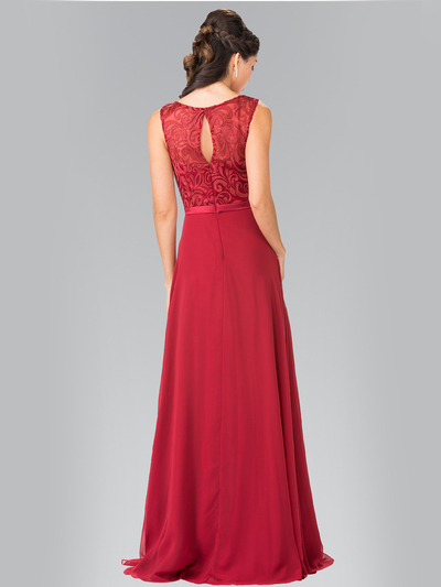 50-2364 Embroidery Top Chiffon Long Evening Dress - Burgundy, Back View Medium