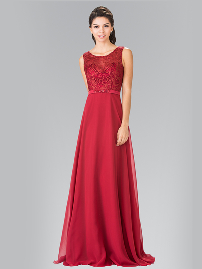 50-2364 Embroidery Top Chiffon Long Evening Dress - Burgundy, Front View Medium