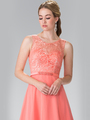 50-2364 Embroidery Top Chiffon Long Evening Dress - Coral, Back View Thumbnail