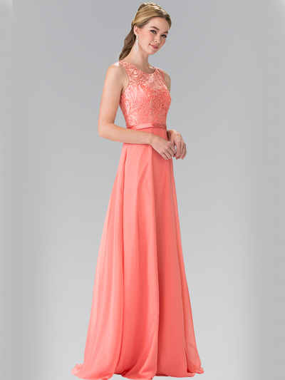 50-2364 Embroidery Top Chiffon Long Evening Dress - Coral, Front View Medium
