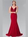 50-2372 V-Neck Long Prom Dress - Burgundy, Front View Thumbnail