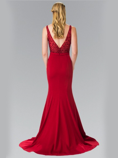 50-2372 V-Neck Long Prom Dress - Burgundy, Back View Medium