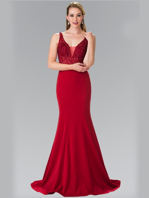 50-2372 V-Neck Long Prom Dress, Burgundy