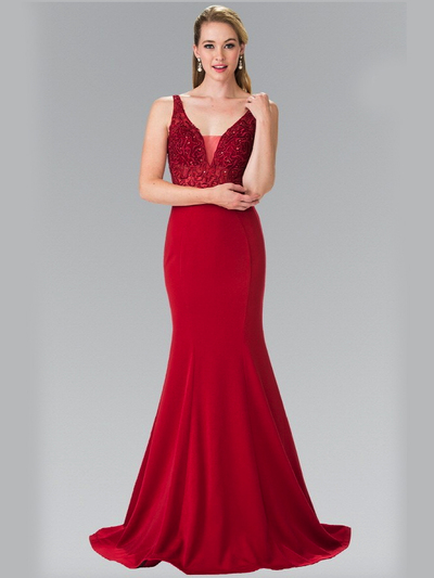 50-2372 V-Neck Long Prom Dress - Burgundy, Front View Medium