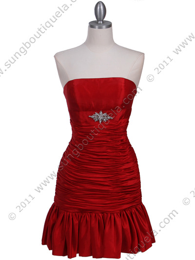 501 Red Strapless Pleated Cocktail Dress - Red, Front View Medium