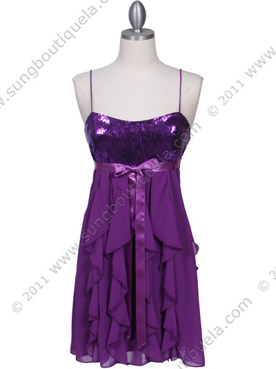 5077 Purple Sequin Top Cocktail Dress - Purple, Front View Medium