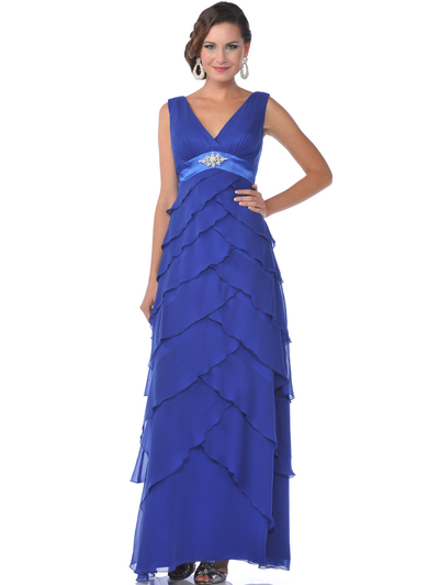 519 Chiffon Tiered Evening Dress - Blue, Front View Medium