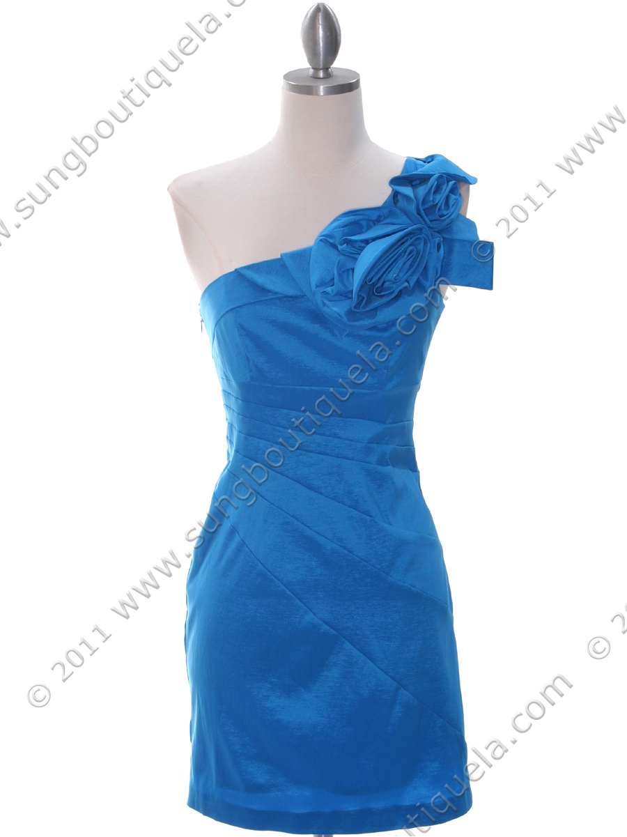 5232 Blue Stretch Taffeta Cocktail Dress - Front Image