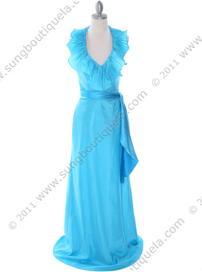 5237 Turquoise Taffeta Evening Dress - Turquoise, Front View Medium