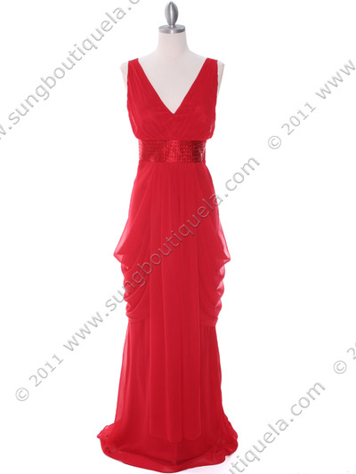 5492 Red Chiffon Evening Dress - Red, Front View Medium