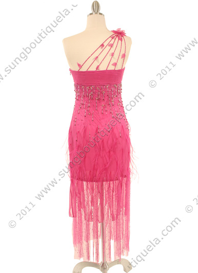 5532 Pink Silk Dress with Feather - Pink, Back View Medium