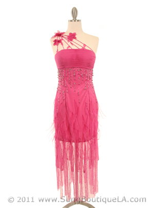 5532 Pink Silk Dress with Feather, Pink