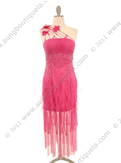 5532 Pink Silk Dress with Feather - Pink, Front View Medium