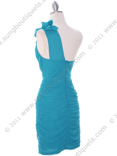 5567 Teal Chiffon Ruched Cocktail Dress - Teal, Back View Medium