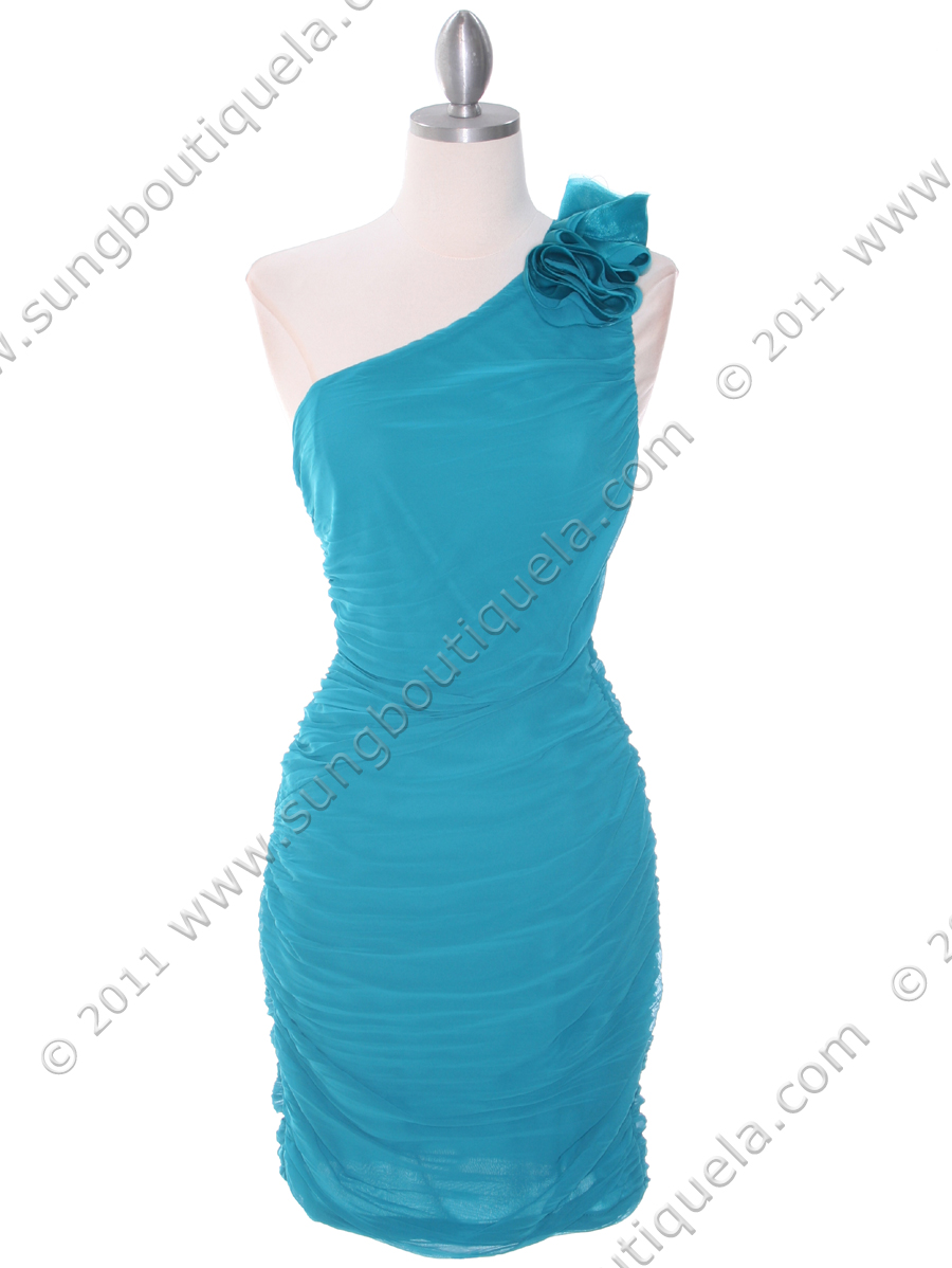 5567 Teal Chiffon Ruched Cocktail Dress - Front Image