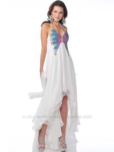 5816 Off White Butterfly Style Prom Dress with High Low Hem - Off White, Front View Medium