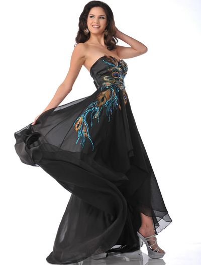 5846 Black Chiffon Peacock Embellished Evening Dress - Black, Front View Medium