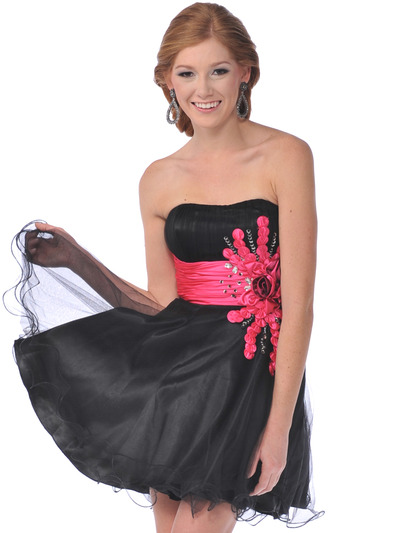 5859 Sweetheart Net Overlay Short Prom Dress - Black Fuschia, Front View Medium