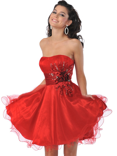 5859 Sweetheart Net Overlay Short Prom Dress - Red, Front View Medium