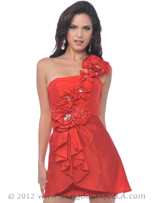 5863 One Shoulder Floral Strap Valentine Dress, Red