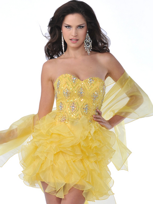 5876 Strapless Beaded Organza Ruffle Short Prom Dress, Yellow