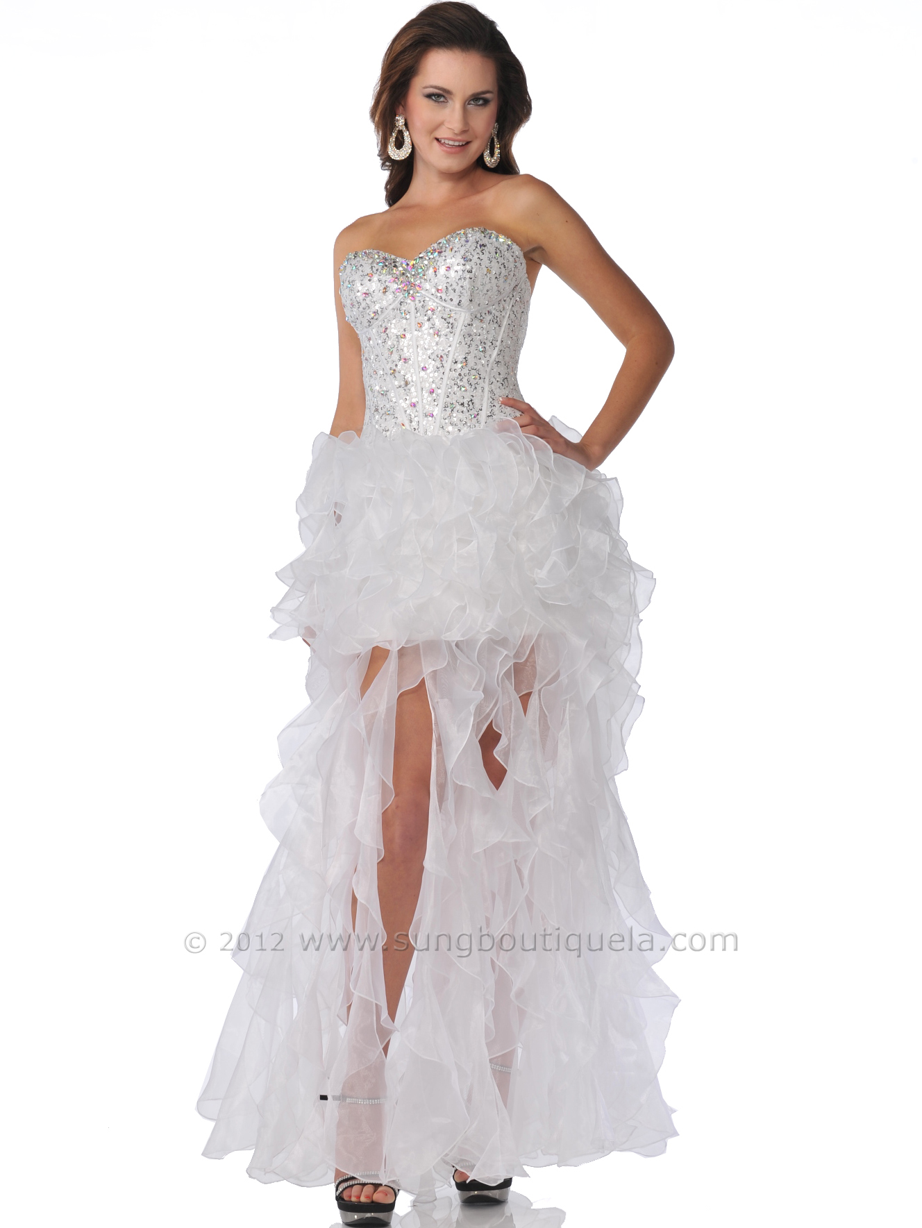 5878 Sequin Corset Top Prom Dress with Ruffle Hem - White, Front View ...