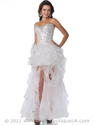 5878 Sequin Corset Top Prom Dress with Ruffle Hem, White
