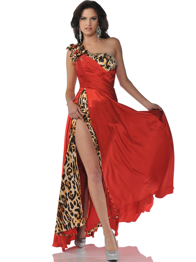 5896 Red Leopard One Shoulder Animal Print Prom Dress with Slit - Red Leopard, Front View Medium