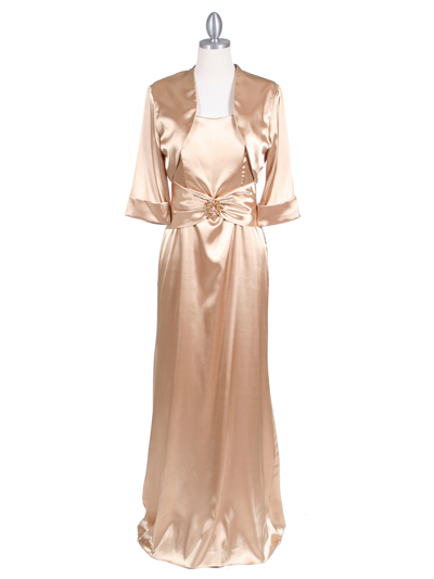 6249 Gold Charmeuse Evening Dress with Bolero Jacket - Gold, Front View Medium