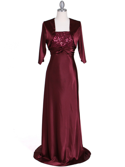 6265 Wine Sequins Evening Dress with Bolero Jacket - Wine, Front View Medium