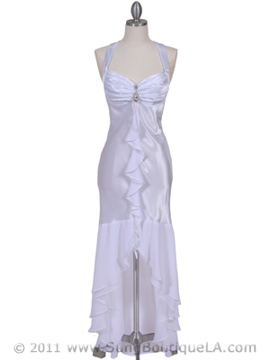 6271 White Evening Dress with Rhinestone Pin, White