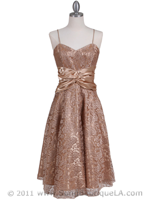 6282 Gold Lace Tea Length Dress, Gold
