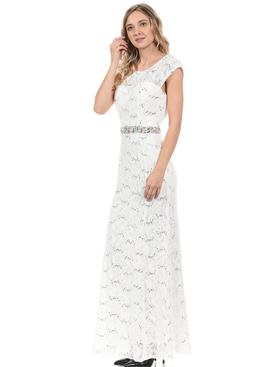 70-5131 Cap Sleeves Long Evening Dress - Ivory, Back View Medium
