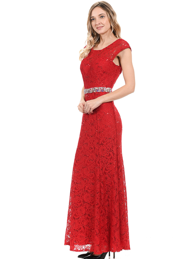 70-5131 Cap Sleeves Long Evening Dress - Red, Back View Medium