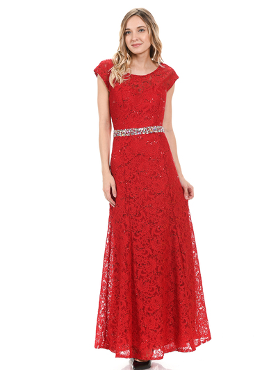 70-5131 Cap Sleeves Long Evening Dress - Red, Front View Medium