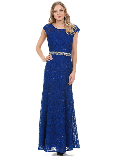 70-5131 Cap Sleeves Long Evening Dress - Royal Blue, Front View Medium