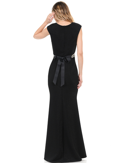 70-5132 V-Neck Long Evening Dress with Sparkling Trim - Black, Back View Medium