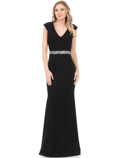 70-5132 V-Neck Long Evening Dress with Sparkling Trim - Black, Front View Medium