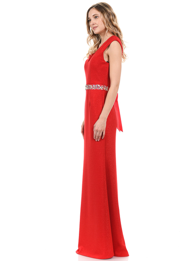 70-5132 V-Neck Long Evening Dress with Sparkling Trim - Red, Back View Medium