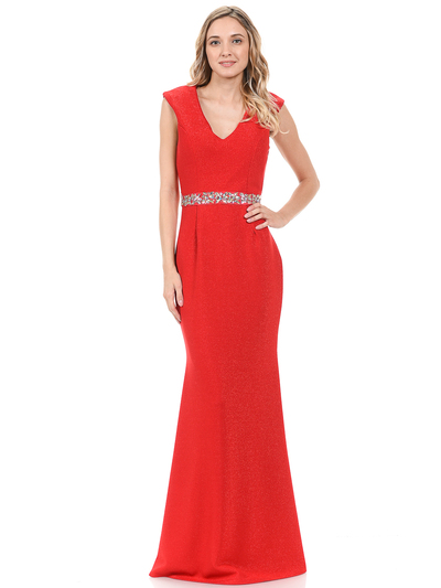 70-5132 V-Neck Long Evening Dress with Sparkling Trim - Red, Front View Medium