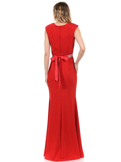 70-5132 V-Neck Long Evening Dress with Sparkling Trim - Red, Alt View Medium