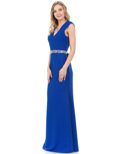 70-5132 V-Neck Long Evening Dress with Sparkling Trim - Royal Blue, Back View Medium