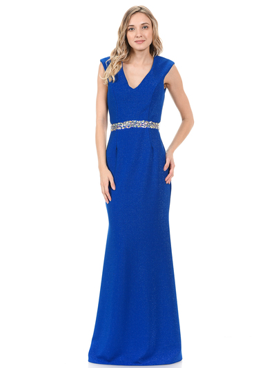 70-5132 V-Neck Long Evening Dress with Sparkling Trim - Royal Blue, Front View Medium