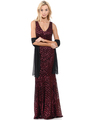 70-5150 Sleeveless V-Neck Sequin Evening Dress - Burgundy, Front View Thumbnail